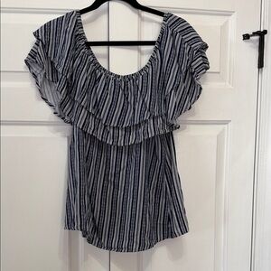new directions Navy and White Striped Ruffle Off-Shoulder Blouse